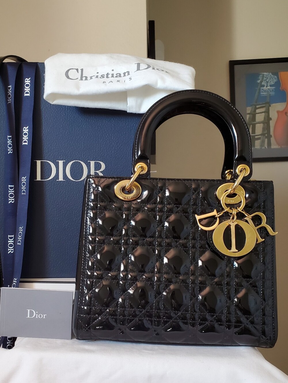 Lady DIOR BLack Patent Gold Hw Medium Bag